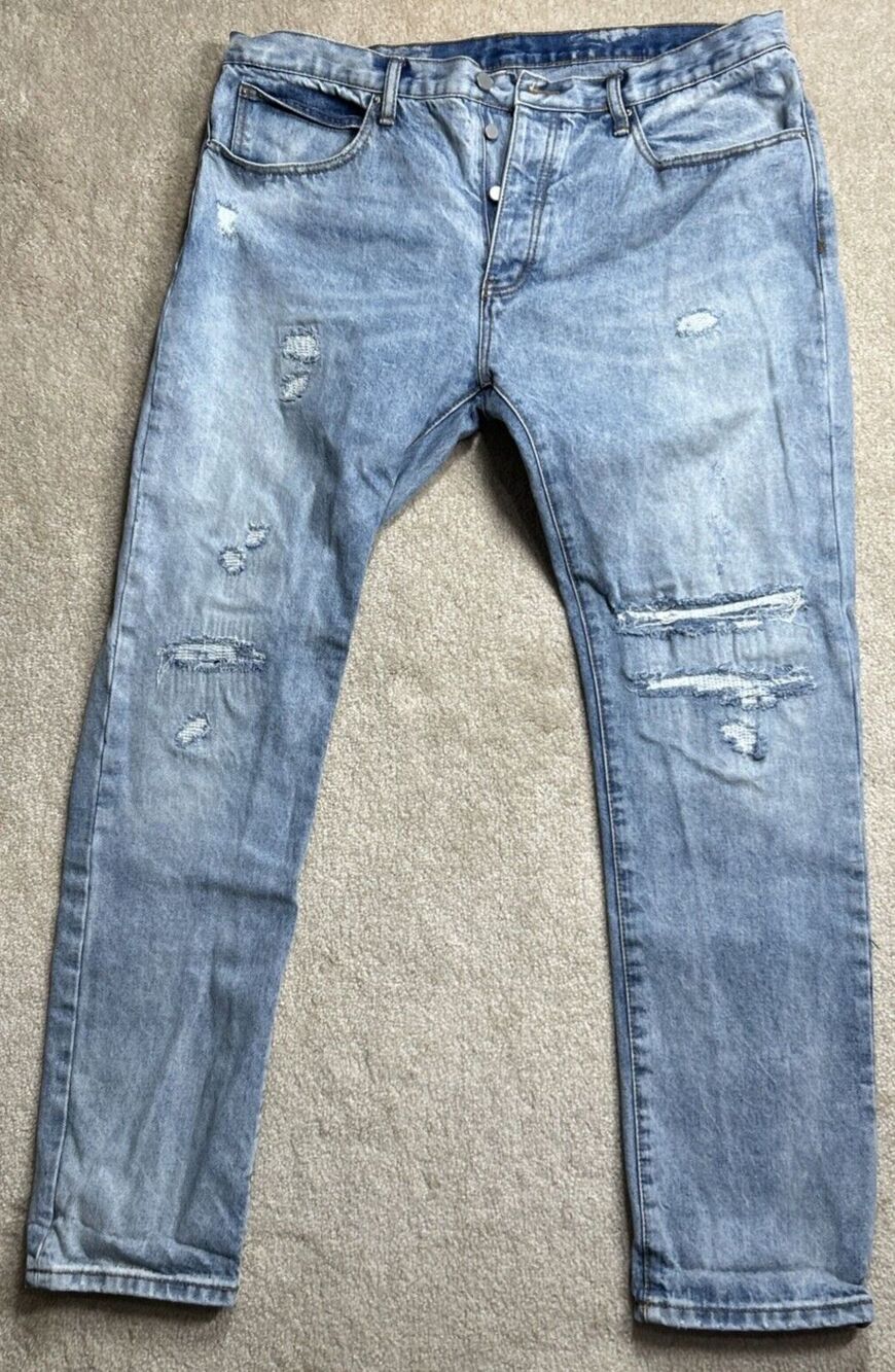 MNML Jeans Men's 38 Blue Button Fly Distressed Faded Grunge 100% Cotton Y2K EUC!